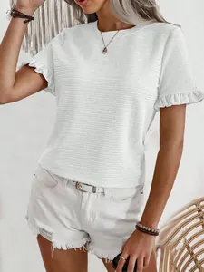 White textured round neck T-shirt with feminine ruffle sleeve detail and casual summer style.