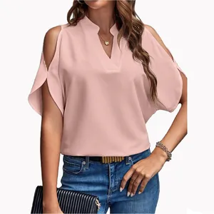 Elegant pink cold shoulder V-neck chiffon blouse for women with loose short sleeves