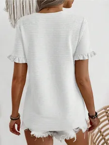Back view of a white textured short sleeve t-shirt with elegant ruffle sleeves for women