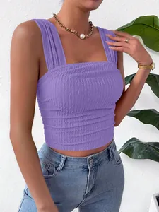 Detailed view of purple sleeveless crop top with smocked pleated texture and square neck