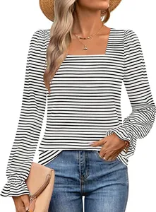 Elegant detail showing the square neckline and ruffled cuffs of the striped long sleeve shirt