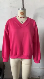 Casual women's pink V-neck fleece sweatshirt with loose fit for autumn and winter wear.