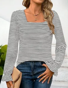 Detail view of a stylish women's square neck striped top with elegant ruffled cuffs.