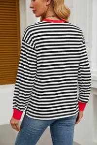 Back view of a black and white striped long sleeve top with red contrasting cuffs