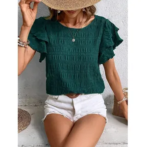 Summer dark green round neck casual top with stylish double ruffle sleeves for women
