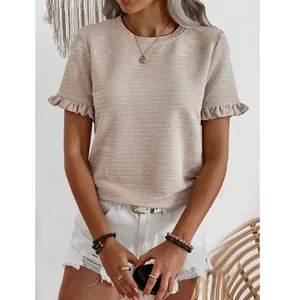Elegant beige round neck T-shirt featuring ruffle sleeves and unique textured fabric