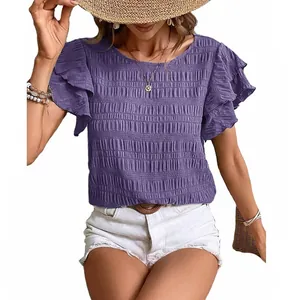 Women's purple round neck blouse with double ruffle sleeves and smocked texture