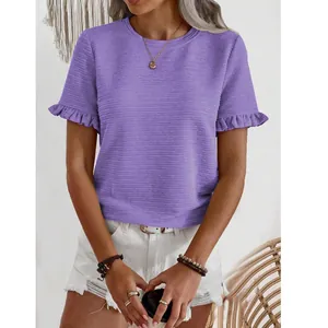Elegant women's purple round neck T-shirt with stylish ruffle sleeves and textured fabric design