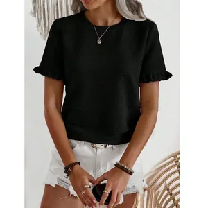 Casual women's black round neck T-shirt featuring elegant ruffle short sleeves for summer