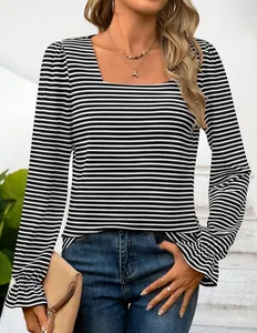 Detail view of women's square neck striped long sleeve T-shirt with ruffle cuffs.