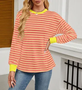 Close-up of a striped long-sleeve top with yellow ribbed cuffs and collar in casual style