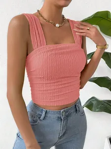 Pink ruched sleeveless square neck crop top with smocked texture for summer