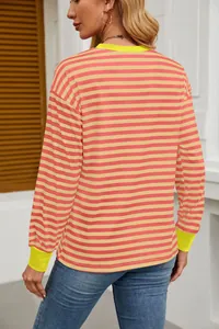 Back view detail of a casual striped long sleeve top with neon yellow contrast cuffs