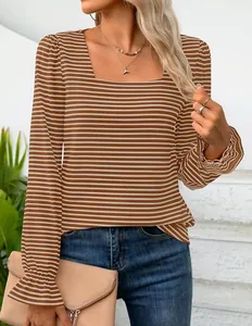 Chic square neck striped long-sleeve T-shirt featuring elegant flared ruffle cuffs