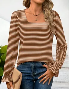 Elegant brown square neck striped long sleeve T-shirt with flounce cuffs and puff sleeves