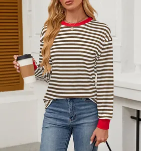 Fashionable striped long sleeve top with contrasting red round neck and loose fit