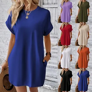 Vestito da Donna Casual con Girocollo Maniche Cortone e Tasche Tinta Unita in Misto Cotone Poliestere