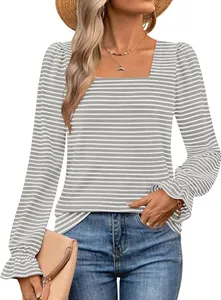 A detailed view showing the square neck and ruffle cuffs of a grey striped long sleeve top