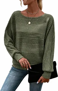 Detailed view of sage green ribbed round neck top featuring elegant batwing sleeves