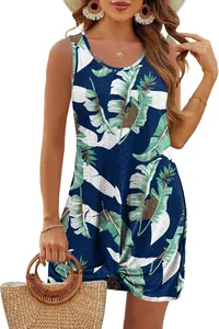 Sleeveless hollow-out beach dress with tropical leaf print and twist knot detail