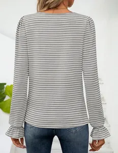 Back view of elegant grey horizontal striped long-sleeve T-shirt with ruffle cuffs