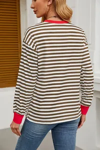 Back view of a striped long sleeve top with vibrant red contrast collar and cuffs