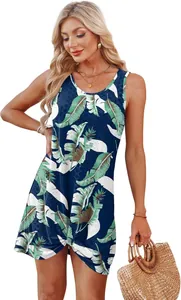 Detailed view of a tropical leaf print sleeveless dress with a chic front knot hem.