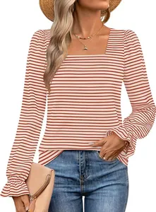 Close-up of a women's square-neck t-shirt with red stripes and ruffle cuffs