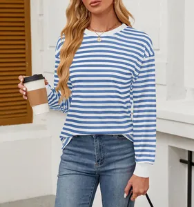 A stylish casual blue and white striped long-sleeve top with a relaxed round neck fit