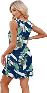 Back view of navy blue sleeveless beach dress with tropical green leaf print for summer