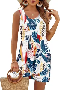 Summer white sleeveless mini dress featuring colorful tropical leaf print and twist knot detail.