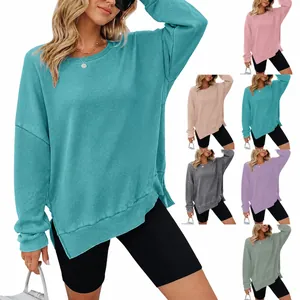 Dames Wafelbreisel Sweatshirt Ronde Hals Lange Mouw Zijsplit Losse Casual Pullover Top Wafeltextuur Effen Kleur Herfst Mode Shirt