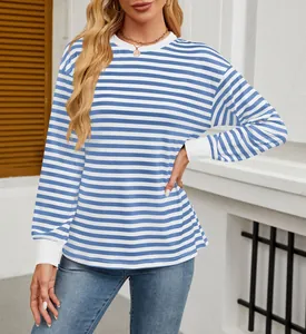 Detail shot of a blue and white striped long sleeve crew neck shirt with white cuffs