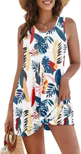Detailed view of a colorful tropical leaf print dress with a front knot design.