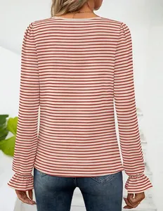 Detailed back view of a stylish red and white striped long sleeve T-shirt with ruffle cuffs