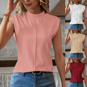 Dames Mouwloze Tanktop Met Ronde Hals Zomer Elegant Effen Kleur Polyester Elastaan Top Met Voornaad Detail Slim Fit Vest