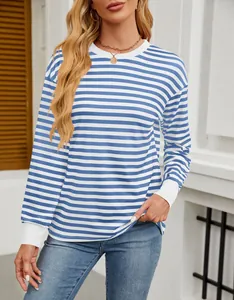Detail view of a women's blue and white striped long sleeve top with white cuffs