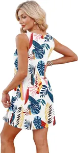 Back view of a sleeveless white mini dress with vibrant tropical leaf patterns
