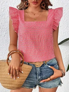 Close-up of red gingham square neck ruffle sleeve top with straw bag detail