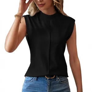 Elegante zwarte mouwloze damestop met opstaande kraag en stijlvol middennaad detail