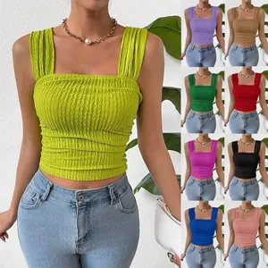 Women Sexy Square Neck Smocked Crop Top Sleeveless Ruched Tank Top Summer Streetwear Casual Slim Fit Top