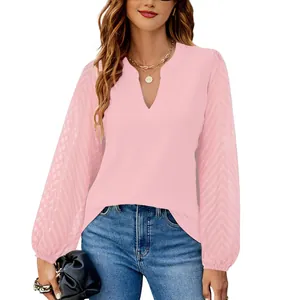 Charming pink V-neck chiffon blouse featuring elegant lace patchwork long sleeves