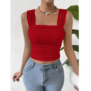 Fashionable red square neck smocked sleeveless crop top for women