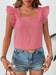 Close-up of red and white gingham top with square neck and ruffle sleeves.