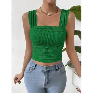 Trendy women's green smocked sleeveless crop top featuring a chic square neck design