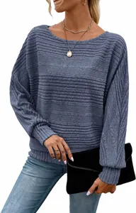 Close-up of blue ribbed knit top with batwing sleeves and round neck detail.