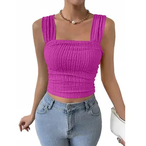 Vibrant purple sleeveless square neck ruched crop top fashion summer vest for women