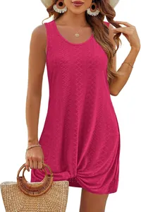 Bohemian hot pink hollow-out sleeveless beach dress featuring a stylish front twist knot detail