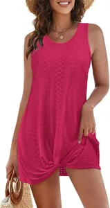 Close-up of fuchsia hollow-out beach dress featuring a stylish front knot detail