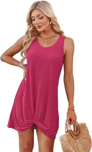 Elegant fuchsia hollow sleeveless summer dress with twist knot detail and lace texture